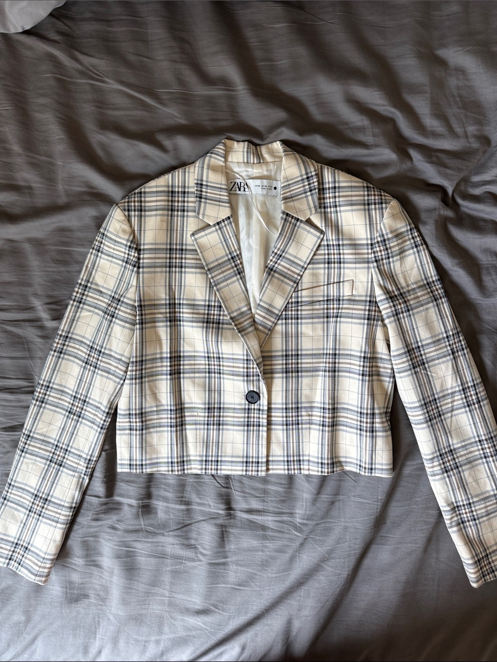 Zara Cream and Navy Plaid Cropped Blazer